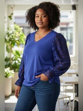 Chicos 3 V-Neck Burnout Chiffon Sleeve Top Plum Purple XL New $90 WT216